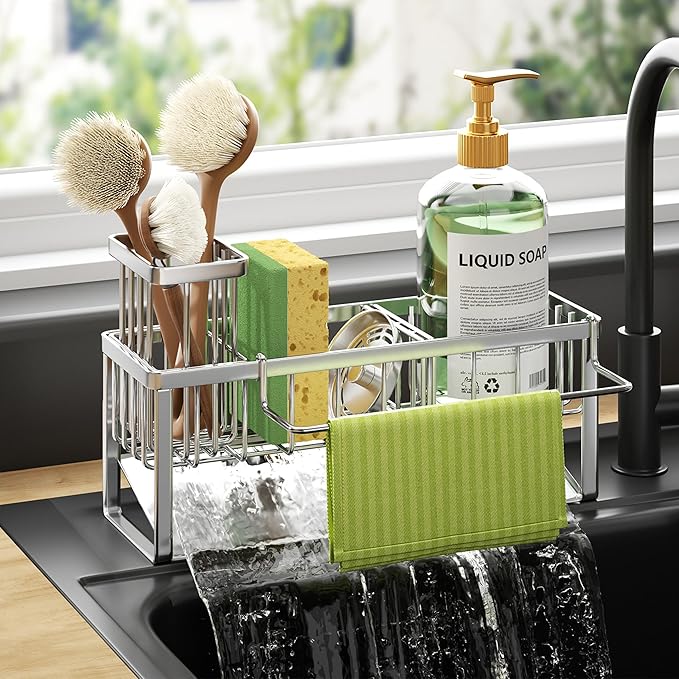 HapiRm Sponge Holder for Kitchen Sink - Self-draining Rustproof Organizer | Sloping Self-draining, Detachable Brush Holder, Stores Sponges, Brushes & Dishcloth, For Countertop Storage, Silver by HapiRm