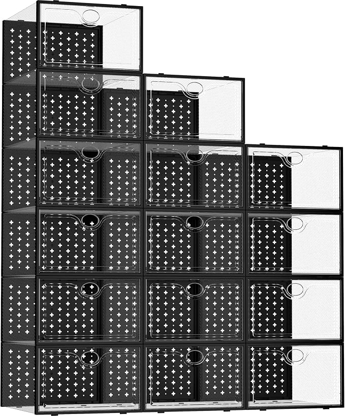 15 Pack X-Large Shoe Storage Boxes, Shoe Organizer Clear Stackable | Fit US Size 11, 6.2” Height, Shoe Dispaly Case Holder Bins Sneaker Storage for Sneakerheads, For Home and Family, Black by Pinkpum