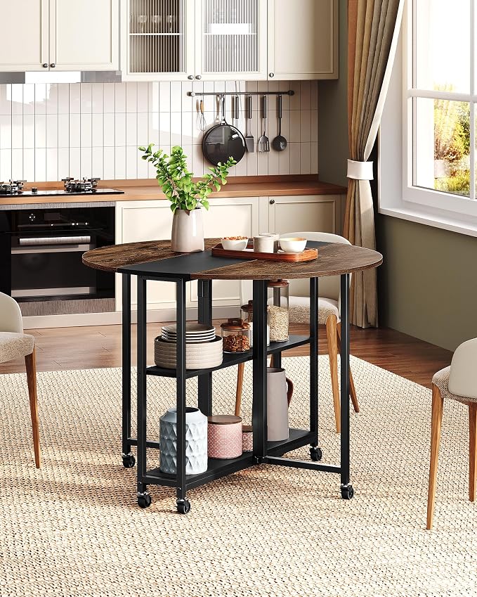 Folding Dining Table, Kitchen Table with 6 Wheels, Folding Round Table with 2-Layer Storage Shelf, Space Saving Dining Table for Small Spaces, Stable, Easy Assembly, Rustic Brown TCZ03BF - Image 7