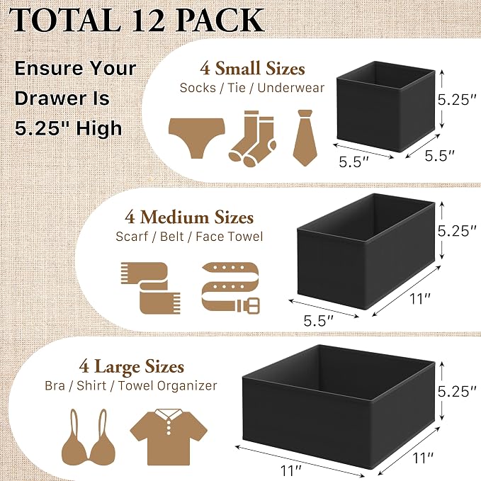 Simple Houseware Foldable Drawer Organizer Stocking Bin, Set of 12, Black | Fabric Storage Bins for Clothes, Underwear, Bra, Panty, Socks, Onesies – Closet & Dresser Dividers for Home - Image 2