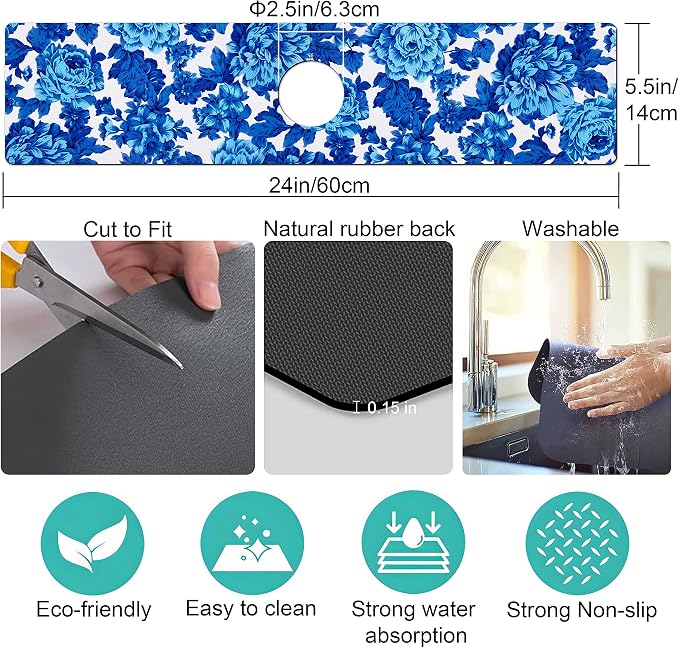 Kitchen Sink Splash Guard Faucet Mat Super Absorbent Fast Drying Mat Sink Gadgets Splash Guard Behind Faucet Drip Catcher for Kitchen (Blue Flowers, 23.5x5.5in) - Image 5
