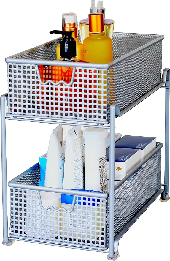 DecoBrothers 2 Tier Bathroom Storage Organizer with Pull-Out Drawer, Silver - Image 6