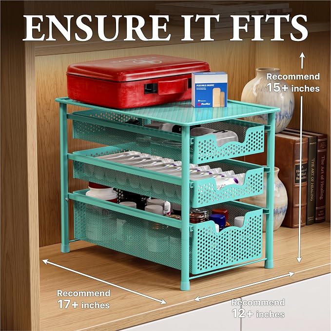 Simple Houseware Stackable 3 Tier Sliding Basket Organizer Drawer, Turquoise (Pack of 2) - Image 3