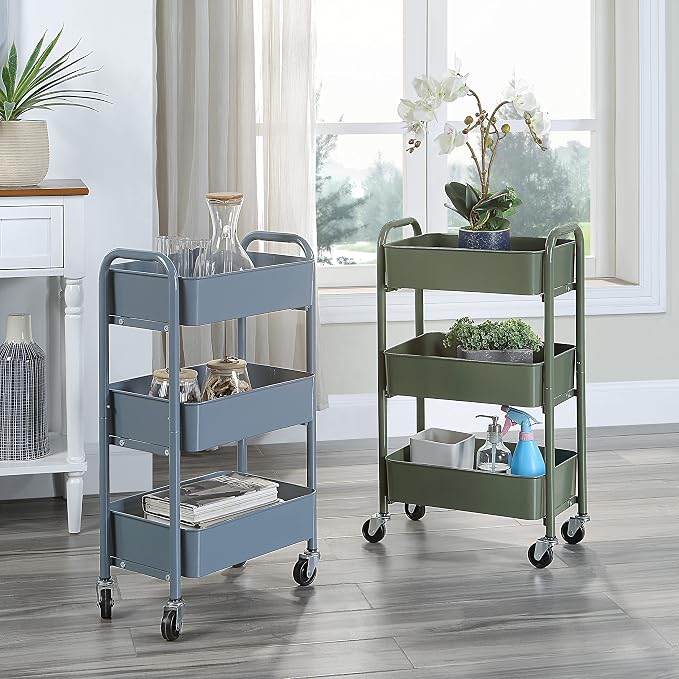 SunnyPoint 3-Tier Delicate Compact Rolling Metal Storage Organizer - Mobile Utility Cart Kitchen/Under Desk Cart with Caster Wheels - Blue (15.35" X 10.24" X 26.8"H) - Image 4