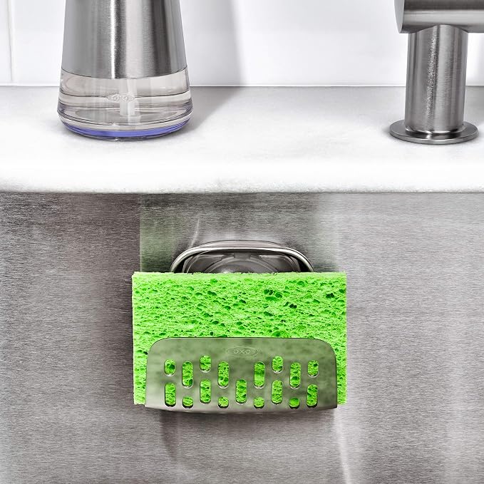 OXO Good Grips Stronghold Suction Sponge Holder | Sink Caddy, Suctions To Inside of Sink, Holds Sponges and Brushes, Ideal for Keeping Counters Neat - Image 11