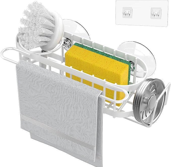 Cisily Kitchen Sink Caddy Sponge Holder in The Sink, Stainless Steel Kitchen Sink Organizer, Brush Holder, Dish Cloth Hanger, Sink Stopper Holder (Suction cup-Silver) - Image 3
