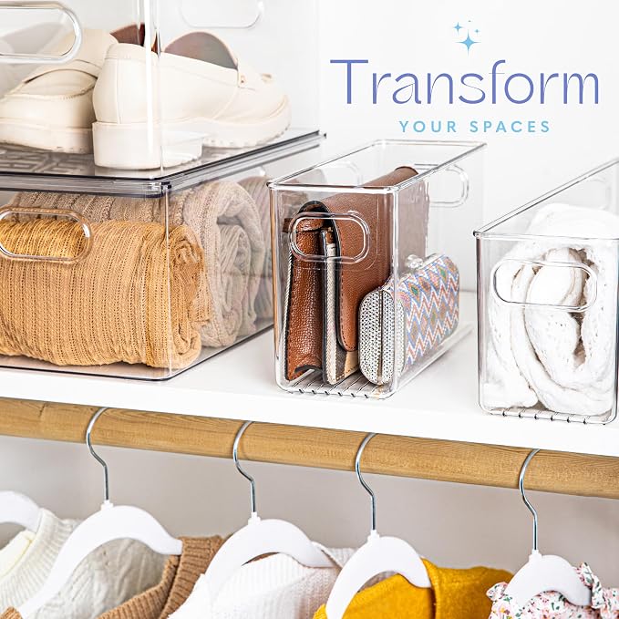 Plastic Food Storage 2 Pack Clear Container Bin with Handles for Organizing Kitchen, Pantry, Refrigerator, Freezer, Pantry, Cabinet, Closet, Bathroom. 10”x4”x6” - Image 5