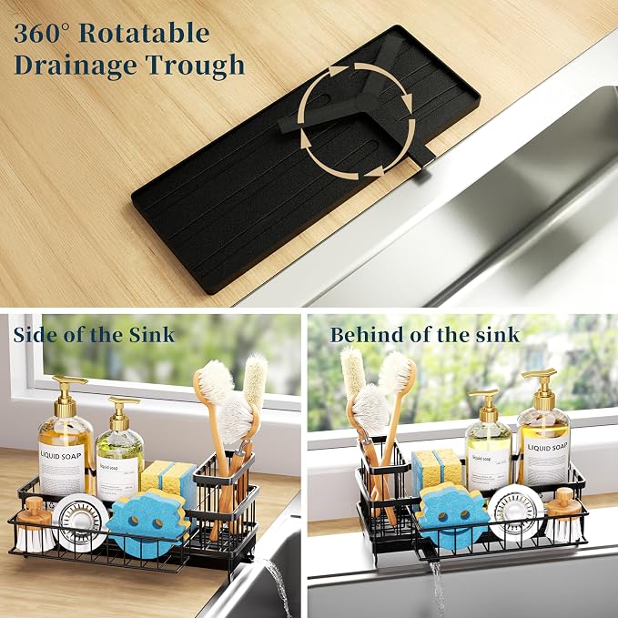 Consumest Sponge Holder for Kitchen Sink - Auto Draining Sink Caddy Organizer with Detachable Rack, High Brush Holder, Kitchen Countertop Storage Accessories, Black-Extra Large - Image 2
