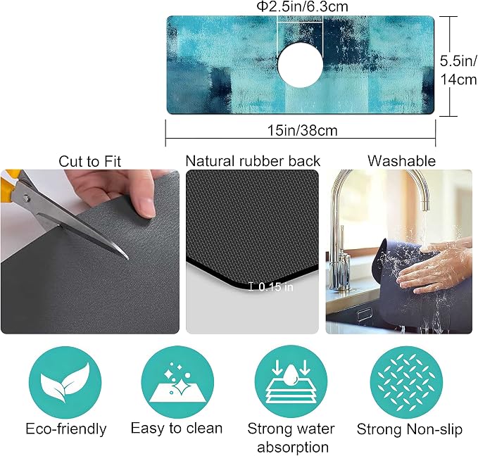 Kitchen Sink Splash Guard Faucet Mat Super Absorbent Fast Drying Mat Sink Gadgets Splash Guard Behind Faucet Drip Catcher for Kitchen (Blue, 15x5.5in) - Image 4