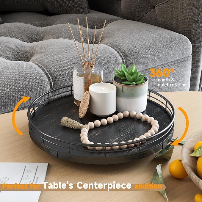 AMH 10-Inch Oak Lazy Susan Vanity Tray with Black Brushed Gold Rail | Smooth rotating oak tray with walnut finish for dining tables, kitchen counters, pantries and cabinet storage. - Image 3