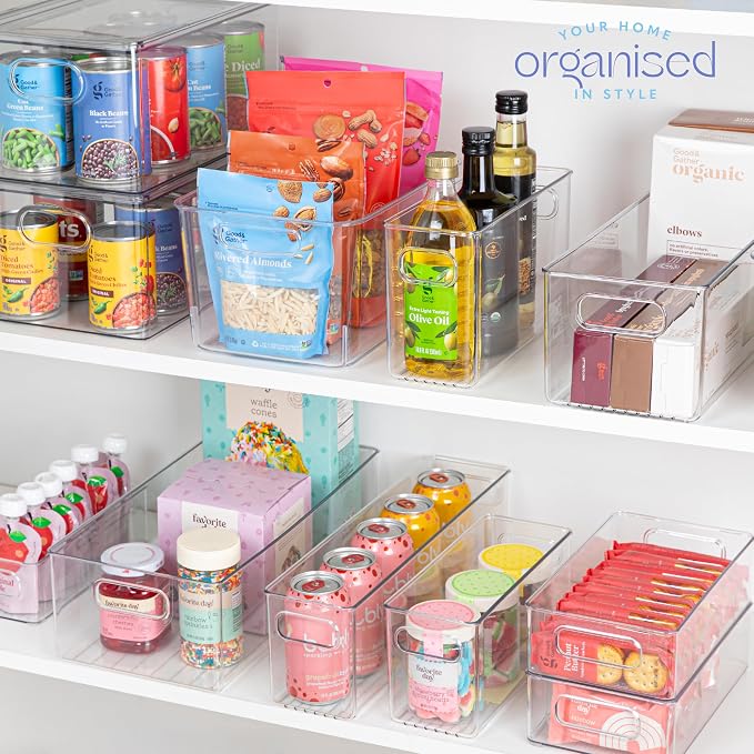 Plastic Food Storage 2 Pack Clear Container Bin with Handles for Organizing Kitchen, Pantry, Refrigerator, Freezer, Pantry, Cabinet, Closet, Bathroom. 14”x8”x5” - Image 7