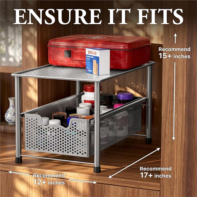 Simple Houseware Stackable Under Sink Sliding Basket Drawer, Silver | Perforated Free Standing Organizer, Kitchen/Pantry/Cabinet/Counter - Image 3