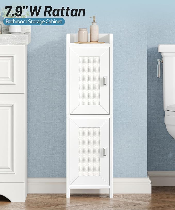 Akxomel Rattan Small Bathroom Cabinet Narrow Toilet Paper Organizer White | 7.9''D x 7.9''W Bathroom Organizer and Storage Cabinet for Small Space, Slim Corner Unit with Adjustable Shelf - Image 2