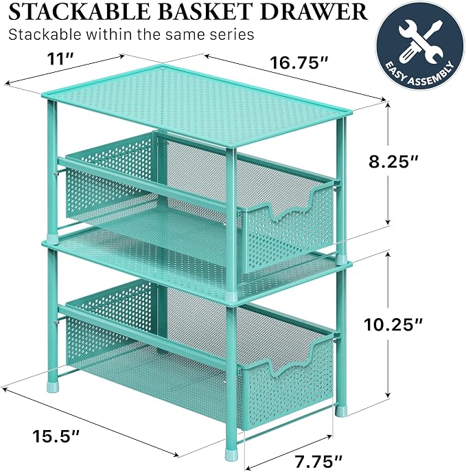 Simple Houseware Stackable Under Sink Sliding Basket Drawer, Turquoise | Perforated Free Standing Organizer, Kitchen/Pantry/Cabinet/Counter - Image 2
