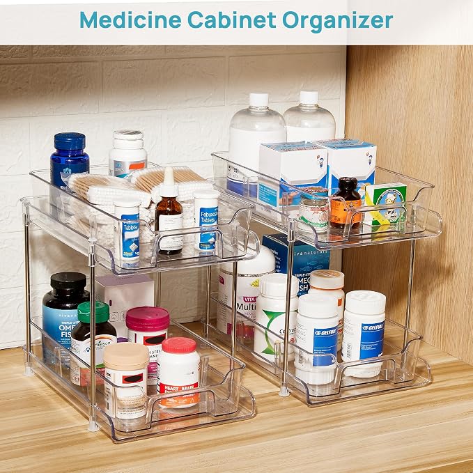 Vtopmart 8 Pack 2 Tier Bathroom Under Sink Organizers and Storage, Clear Kitchen Pantry Organization, Pull Out Medicine Cabinet Organizer with Movable Dividers - Image 7