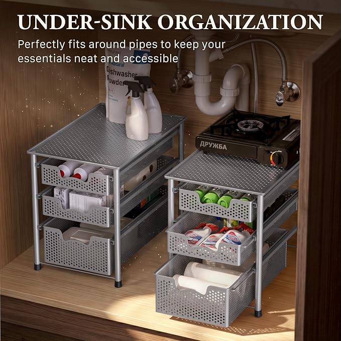 Simple Houseware Stackable 3 Tier Sliding Basket Organizer Drawer, Silver (Pack of 2) - Image 6