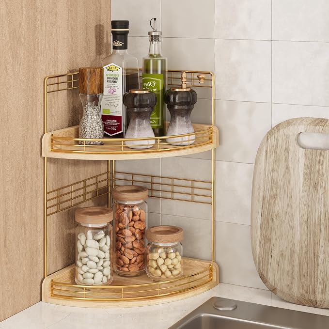 Bathroom Countertop Corner Organizer for Small Spaces, 2-Tier Counter Shelf | Oak Wood & Iron Counter Shelf for Sink & Vanity Corners, Skincare, Toiletries, Space-Saving, Compact Vertical Storage Natural - Image 8