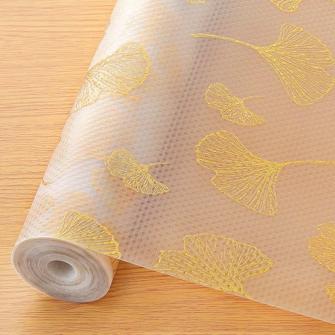 Cooyes Shelf Liner, Non Adhesive Drawer and Cabinet Liner, EVA Washable Oil-Proof Shelf Paper for Kitchen Cabinets, Refrigerator, Storage, Desks with Modern Pattern （Gold Ginkgo，11.8" W x 360" L） by Cooyes