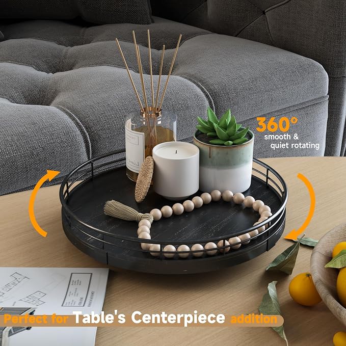 AMH 9-Inch Oak Lazy Susan Vanity Tray with Black Brush Gold Metal Frame | Smooth rotating oak tray with walnut finish for dining tables, kitchen counters, pantries and cabinet storage. - Image 3