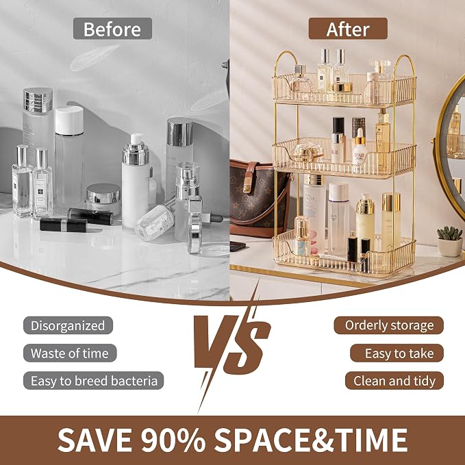 Akinbas 3 Tier Bathroom Organizer Countertop Makeup Perfume Tray Skincare Organizer for Bathroom Dresser Vanity (Gold) - Image 4