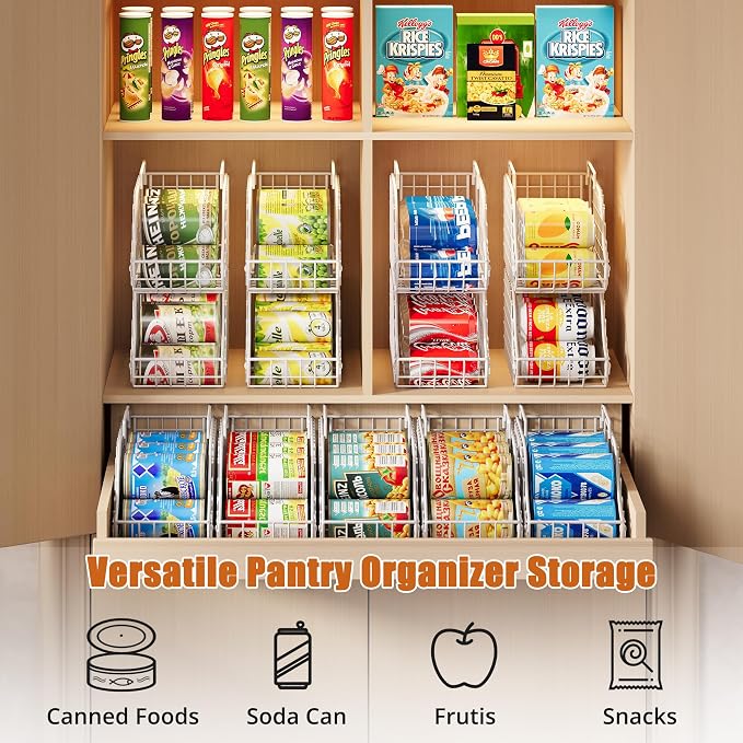 Sonyabecca 4-Pack Stackable Can Rack Organizer for Kitchen Pantry，White | Soda Can Organizer and Food Storage Dispenser for Pantry Cabinets. Foldable Wire Rack Keeps Canned Food Organized - Image 5