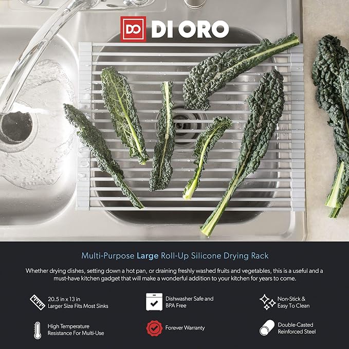DI ORO Roll Up Dish Drying Rack - Over the Sink, 20.5 x 13 in | Rolls up to store flat when not in use; Heat-safe rods double as a trivet - Image 5