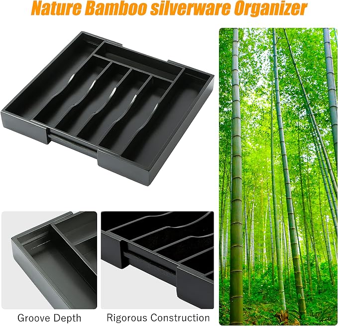 Black Silverware Organizer Kitchen Drawer Organizer Expandable Bamboo Utensil Holder Cutlery Tray for Kitchen Utensil and Flatware Bedroom Office - Image 6
