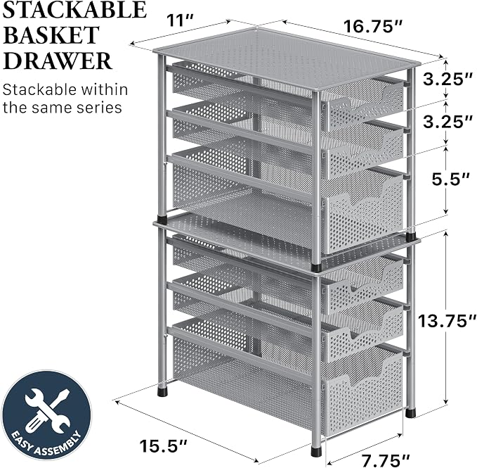Simple Houseware Stackable 3 Tier Sliding Basket Organizer Drawer, Silver (Pack of 2) - Image 2