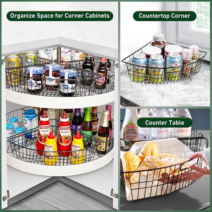 Leeden Lazy Susan Organizer Basket for 24" Diameter Turntable -Metal Organizing Storage Bins (2 Packs) - Black Kitchen Cabinet Storage Organizer - 1/4 Wedge Can Organizer - Image 4