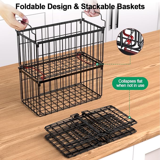 Freezer Organizer Bins, 2 Pack Big Baskets for 5/ 7 Cu.FT Deep Freezer | Stackable Chest Freezer Organizer Bins, Foldable Baskets with Handles, Black Storage Container Baskets for Sort Frozen Meats - Image 3
