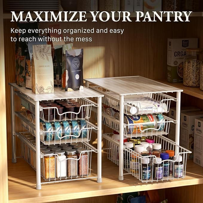 Simple Houseware Stackable 3 Tier Sliding Basket Organizer Drawer, White (Pack of 2) - Image 7
