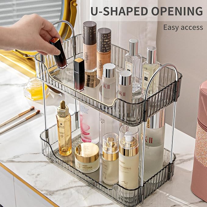 Akinbas 2 Tier Bathroom Organizer Countertop Makeup Perfume Tray Skincare Organizer for Bathroom Dresser Vanity (Grey) - Image 5