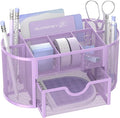 Mesh Desk Organizer with Drawer, 9-Compartment Pen Holder for Desk, Purple | Pull-Out Drawer Stores Pens, Pencils, Clips, Notes, and Small Office or School Supplies in One Compact Desk Caddy by SUPEASY