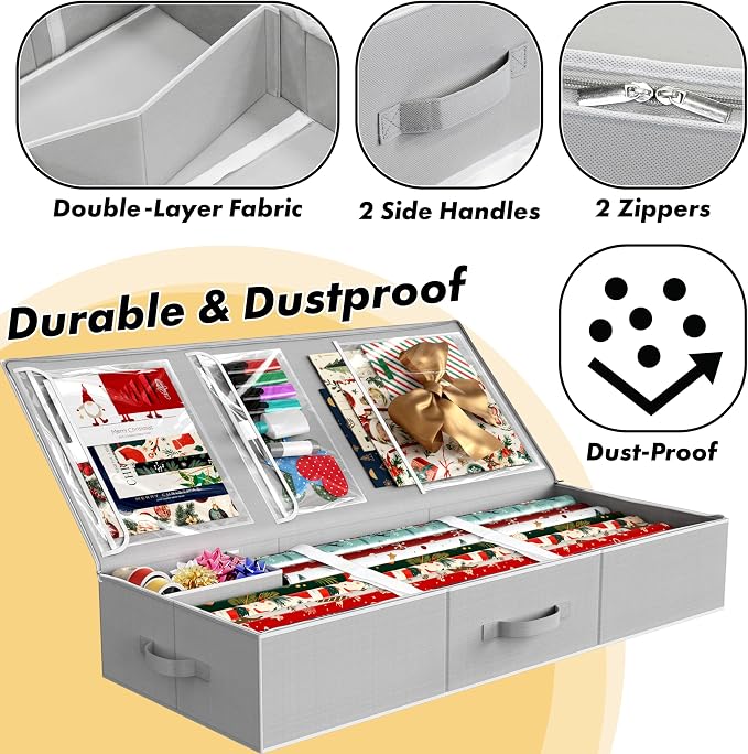 Simple Houseware 41.5" Wrapping Paper Organizer, Fits 40 Rolls, Gray | Adjustable Straps, Interior Divider for Ribbons & Bows, 3 Clear Pockets for Gift Bags & Tools, 41.5"L x 16"W - Image 3