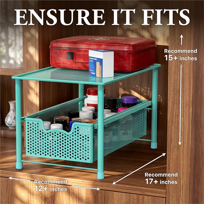 Simple Houseware Stackable Under Sink Sliding Basket Drawer, Turquoise | Perforated Free Standing Organizer, Kitchen/Pantry/Cabinet/Counter - Image 3