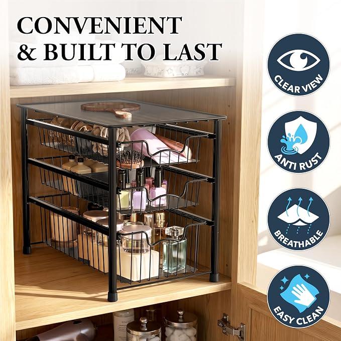 Simple Houseware Stackable 3 Tier Sliding Basket Organizer Drawer, Black (Pack of 2) - Image 5
