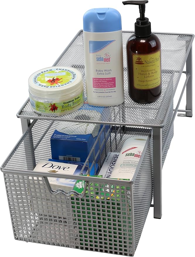 Deco Brothers Stackable Pull Out Cabinet Sliding Basket with Divider, Large | Under Sink Organizer, Silver - Image 6
