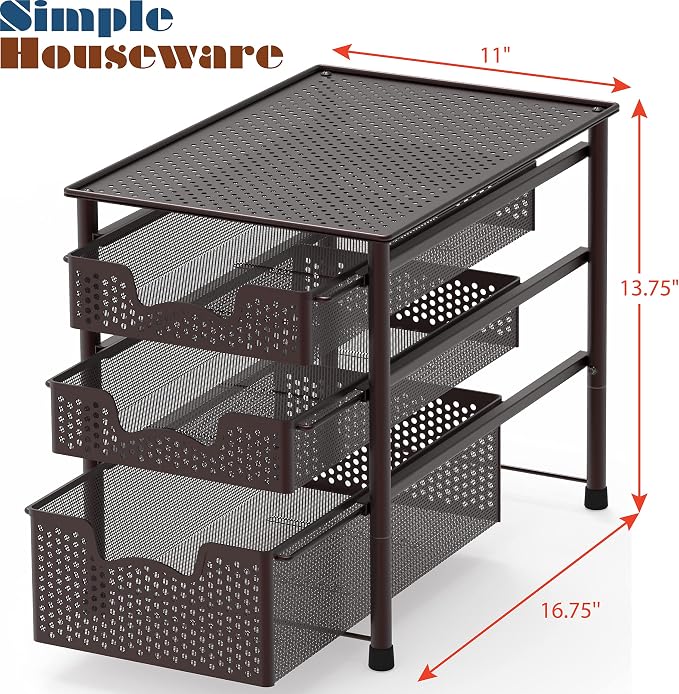 Simple Houseware Stackable 3 Tier Sliding Basket Organizer Drawer, Bronze (Pack of 2) - Image 3