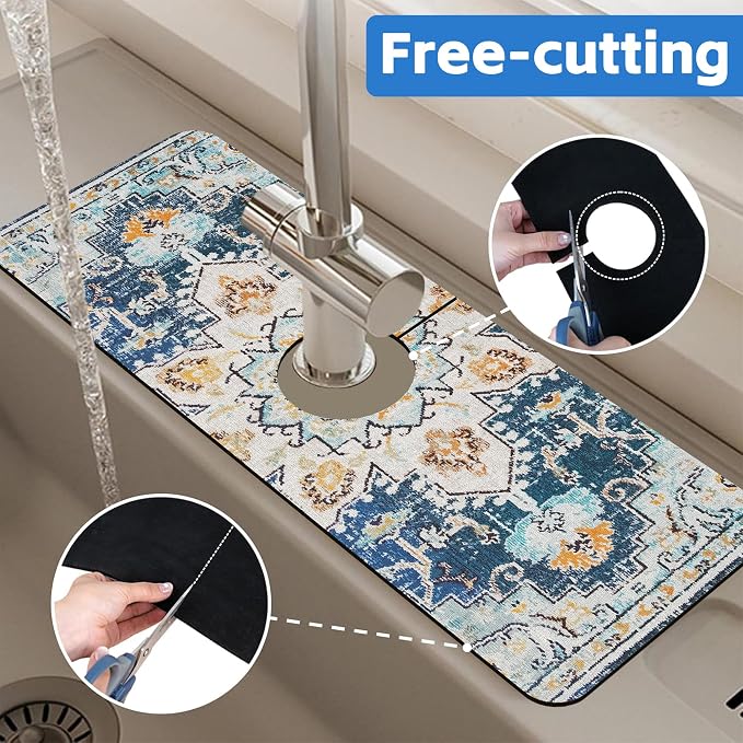Oriental Blue Turkish Carpet Pattern Sink Faucet Absorbing Mat Sink Splash Guard Faucet Mat Draining Mat Fast Drying Sink Protectors for Kitchen and Bathroom 5.5"×15" - Image 7