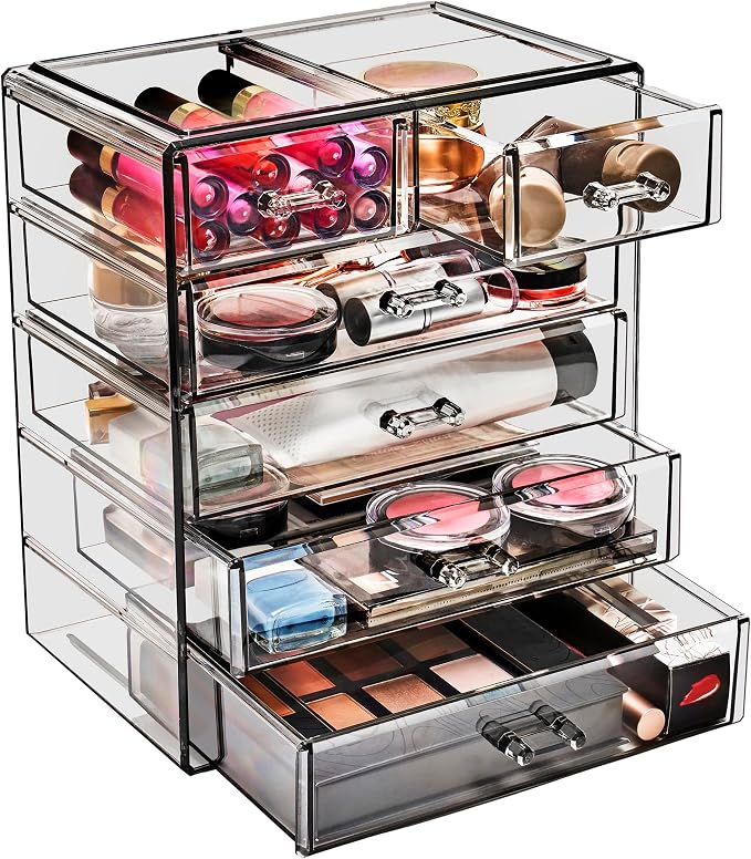 Sorbus Acrylic Makeup Organizer Set, 6-Drawer Vanity & Countertop Cosmetic Storage with Small & Wide Drawers, Black Jewel Makeup Storage for Brushes, Lipsticks, Jewelry, Holiday Gift for Women & Teens - Image 8