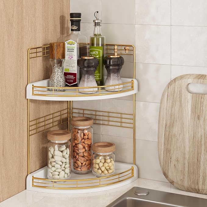 Bathroom Countertop Corner Organizer for Small Spaces, 2-Tier Counter Shelf | Oak Wood & Iron, Fan-Shaped Counter Shelf for Sink & Vanity Corners, Skincare, Toiletries, Compact Vertical Storage, White - Image 8