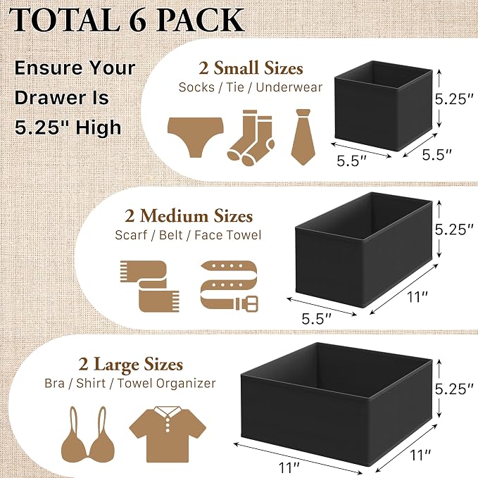 Simple Houseware Underwear Drawer Organizer, Set of 6, Black | for Lingerie/Undergarment/Bra/Panty/Sock/Onesie - Image 2