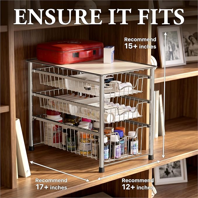 Simple Houseware Stackable 3 Tier Sliding Basket Organizer Drawer, Chrome (Pack of 2) - Image 3
