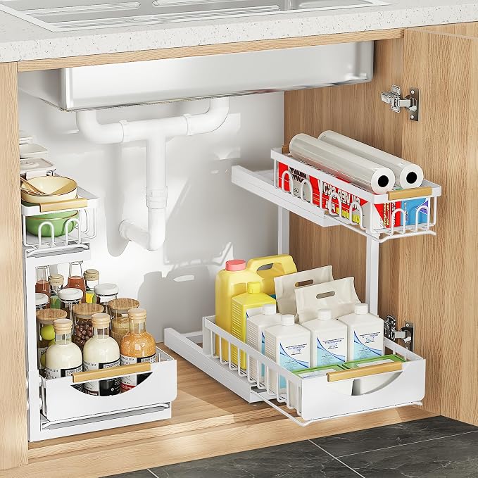 Under Sink Organizer and Storage for Bathroom and Kitchen - 2 Pack 2 Tier | Cabinet Pull Out Shelf Organizers - Slide Out Drawer Organization for Home Cabinets Shelves and Drawers by Aekenr