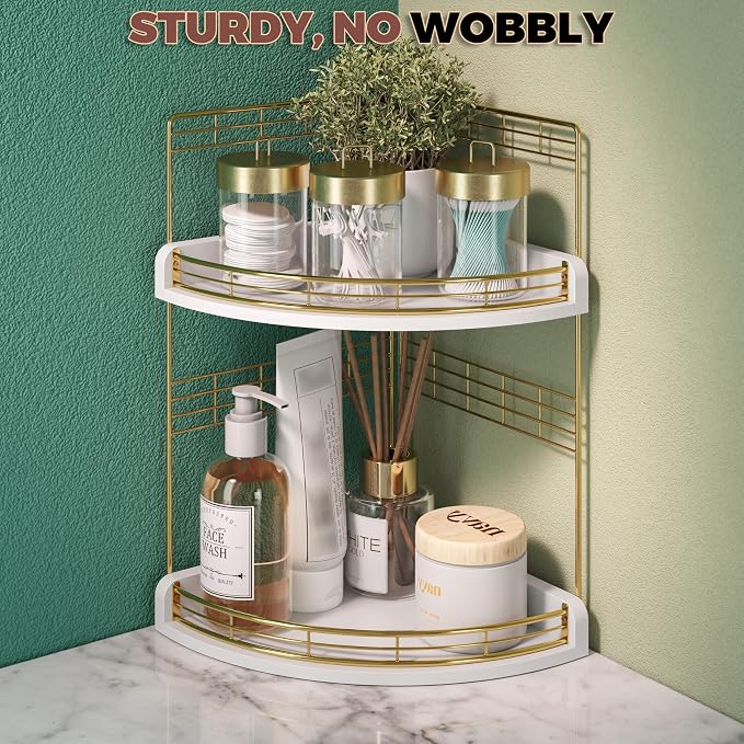 Bathroom Countertop Corner Organizer for Small Spaces, 2-Tier Counter Shelf | Oak Wood & Iron, Fan-Shaped Counter Shelf for Sink & Vanity Corners, Skincare, Toiletries, Compact Vertical Storage, White - Image 6