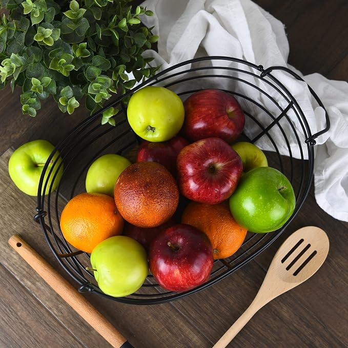 Modern Farmhouse Fruit Basket for Kitchen Counter, Vintage Wire and Wooden Base Fruit Bowl for Kitchen Decor, Fruit & Vegetables Storage Basket/Bowl - Image 2