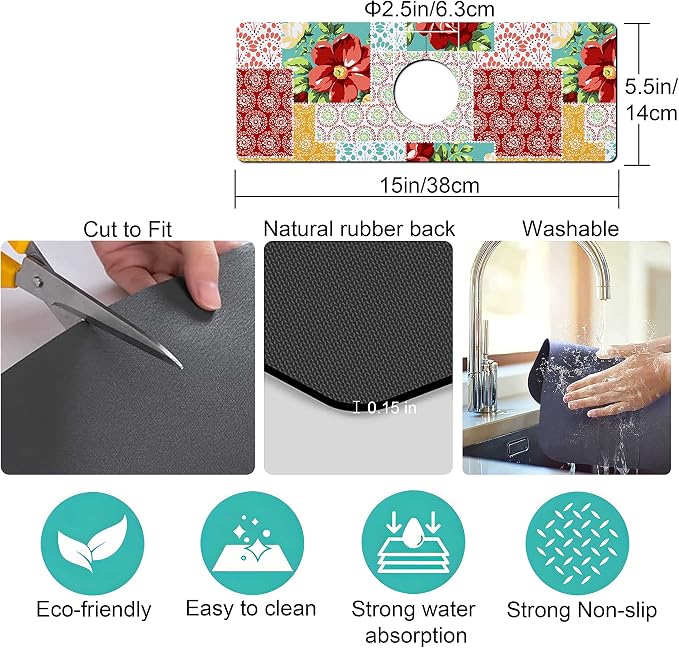 Kitchen Sink Splash Guard Faucet Mat Super Absorbent Fast Drying Mat Sink Gadgets Splash Guard Behind Faucet Drip Catcher for Kitchen (Boho Trellis, 15x5.5in) - Image 4