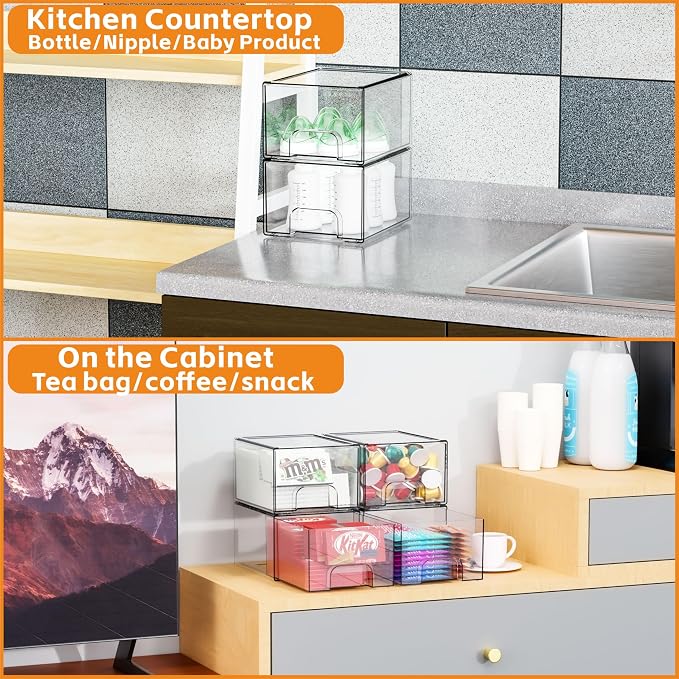 2 Pack Clear Stackable Storage Drawers,4.4'' Tall Acrylic Drawer Containers for Organizing,Bathroom Organizers and Storage Bin Box,Plastic Makeup,Medicine Organizer Bins for Cabinet,Undersink - Image 8