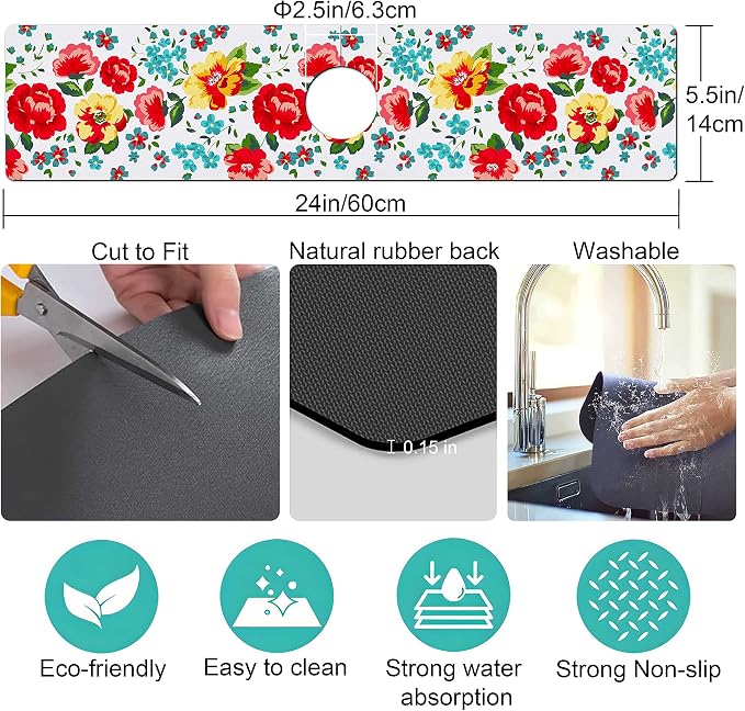 Kitchen Sink Splash Guard Faucet Mat Super Absorbent Fast Drying Mat Sink Gadgets Splash Guard Behind Faucet Drip Catcher for Kitchen (Beautiful Flower, 23.5x5.5in) - Image 5