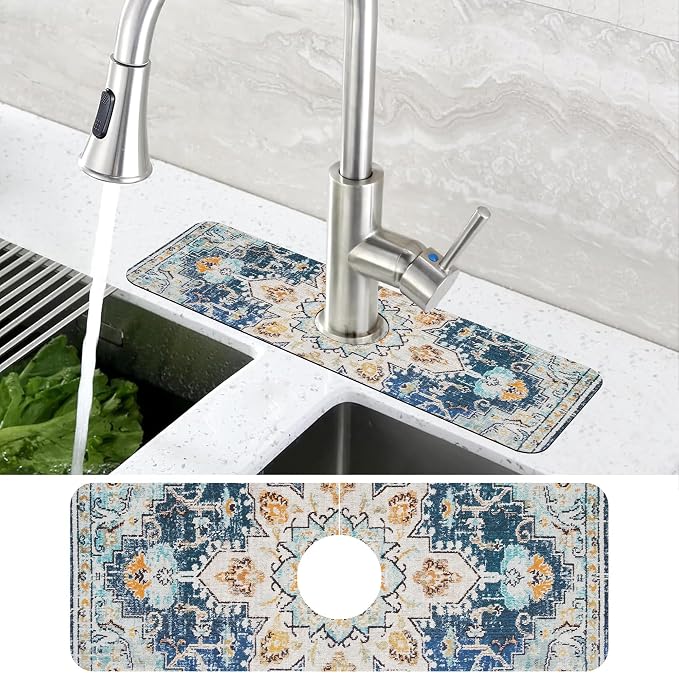 Oriental Blue Turkish Carpet Pattern Sink Faucet Absorbing Mat Sink Splash Guard Faucet Mat Draining Mat Fast Drying Sink Protectors for Kitchen and Bathroom 5.5"×15" - Image 4